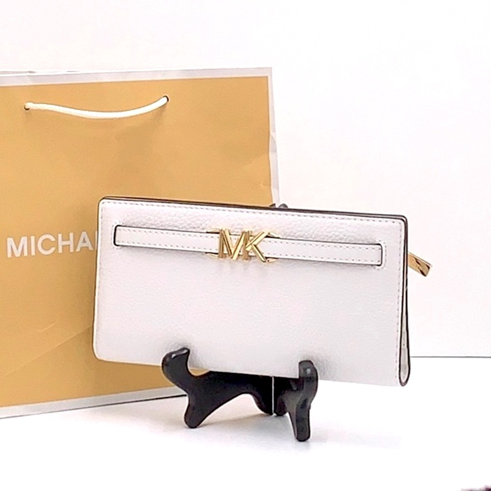 Michael Kors Reed Large Bifold Pebbled Leather Snap Wallet Card Case Optic White - Picture 1 of 11